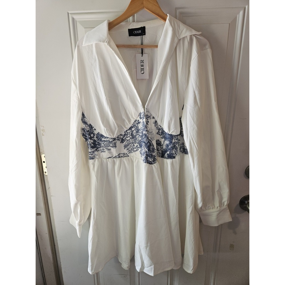 NWT Cider Women's 2XL White Blue Toile Print Mini Dress Long Sleeve Collared